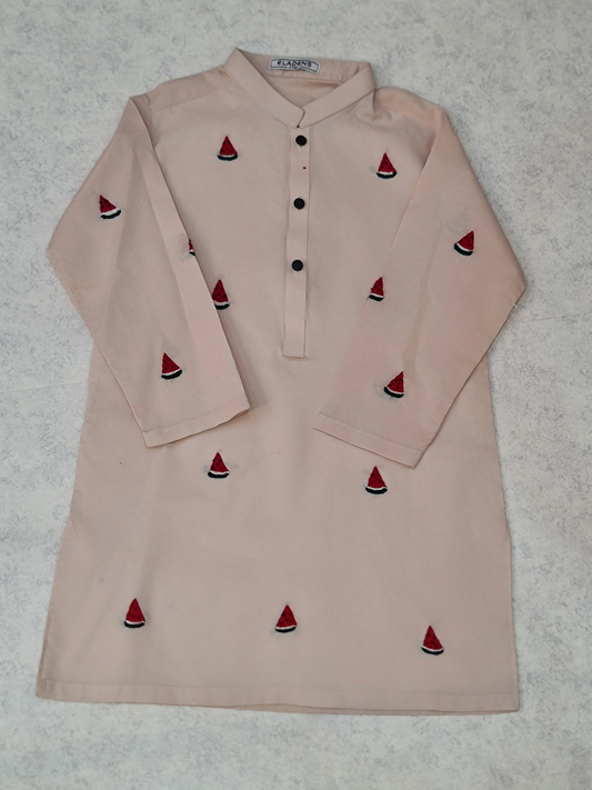 Boys strawberry embroidered powder pink kurta and trouser set by ELADENS Pakistan
