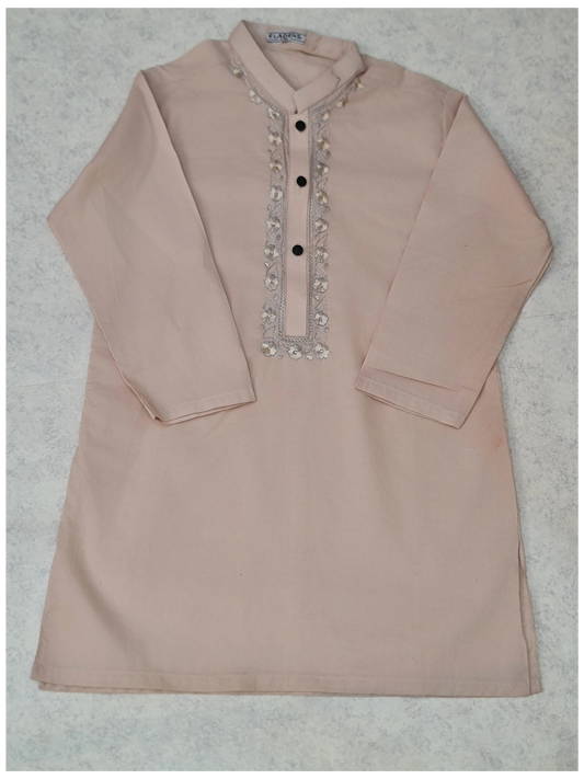 Boys hand embroidered powder pink kurta and trouser set by ELADENS Pakistan