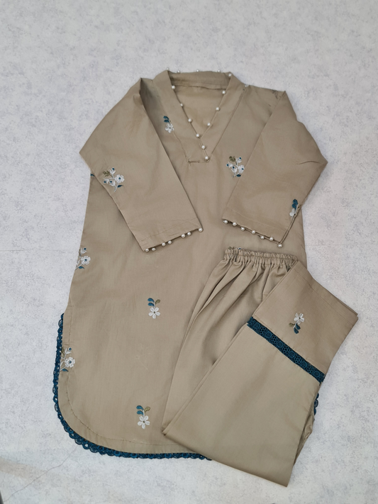 Girls full sleeves khaki embroidered kameez trouser set by ELADENS Pakistan