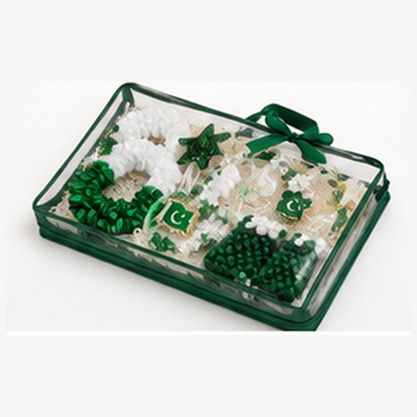 Close view through the transparent Azadi gift pack showing the six included green and white accessories