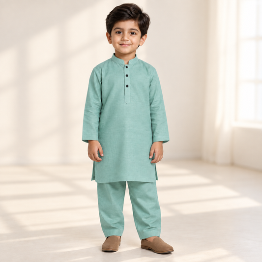 Boys Aqua Green Kurta & Trouser Set worn by an ELADENS Kids model