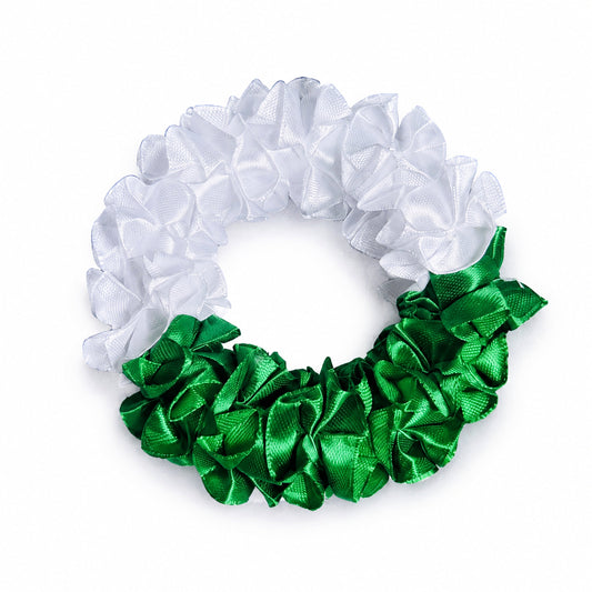 Azadi green and white floral ribbon gajra on a clean white background