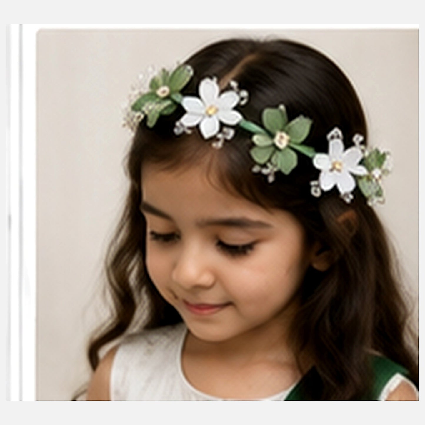 Fictional child wearing the green and white floral hair crown for a 14 August look