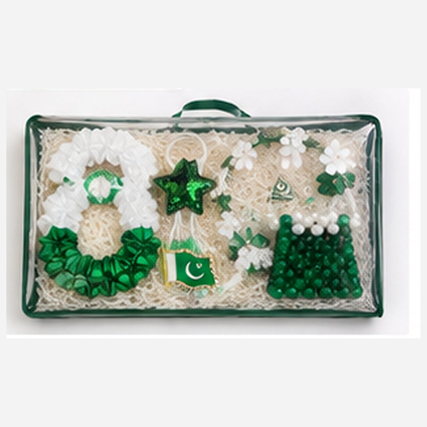 Front angled view of the transparent Azadi gift pack with all six included accessories visible