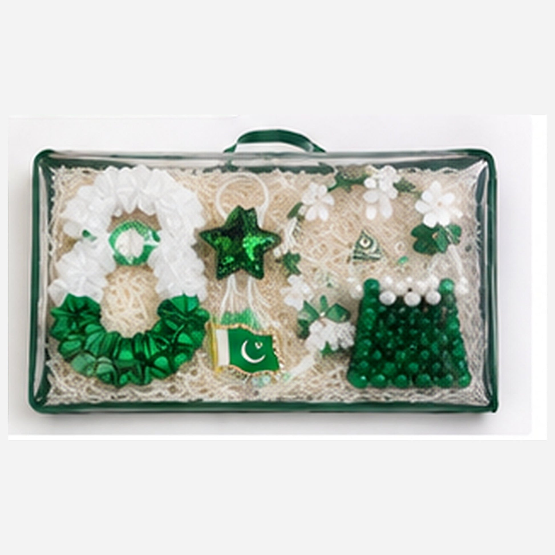 Front angled view of the transparent Azadi gift pack with all six included accessories visible
