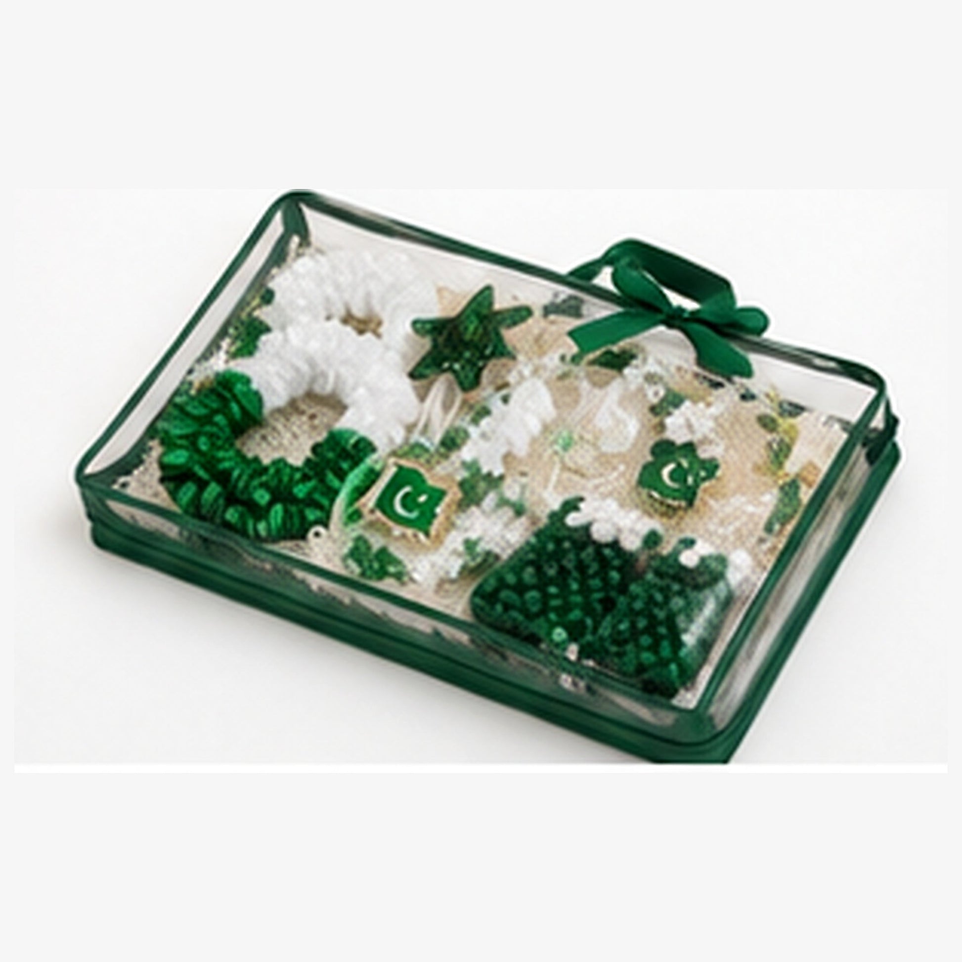 Close view through the transparent Azadi gift pack showing the six included green and white accessories
