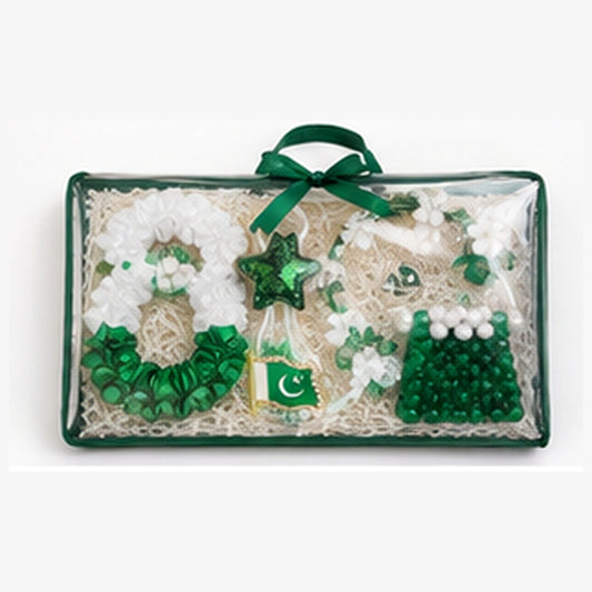 Transparent premium Azadi gift pack showing all six green and white accessories clearly