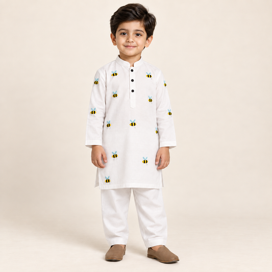 Boys Bee Embroidered White Kurta & Trouser Set worn by an ELADENS Kids model