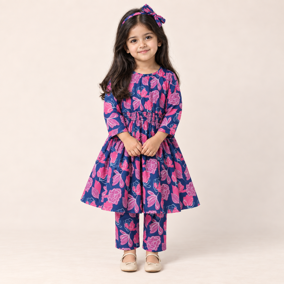 Girls Blue Floral Frock with Trouser worn by an ELADENS Kids model