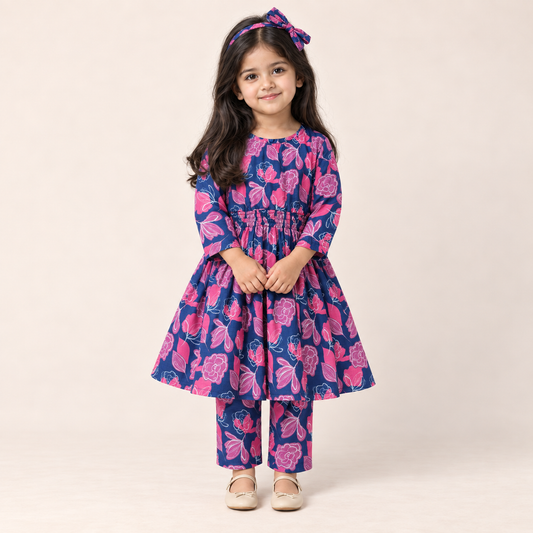 Girls Blue Floral Frock with Trouser worn by an ELADENS Kids model
