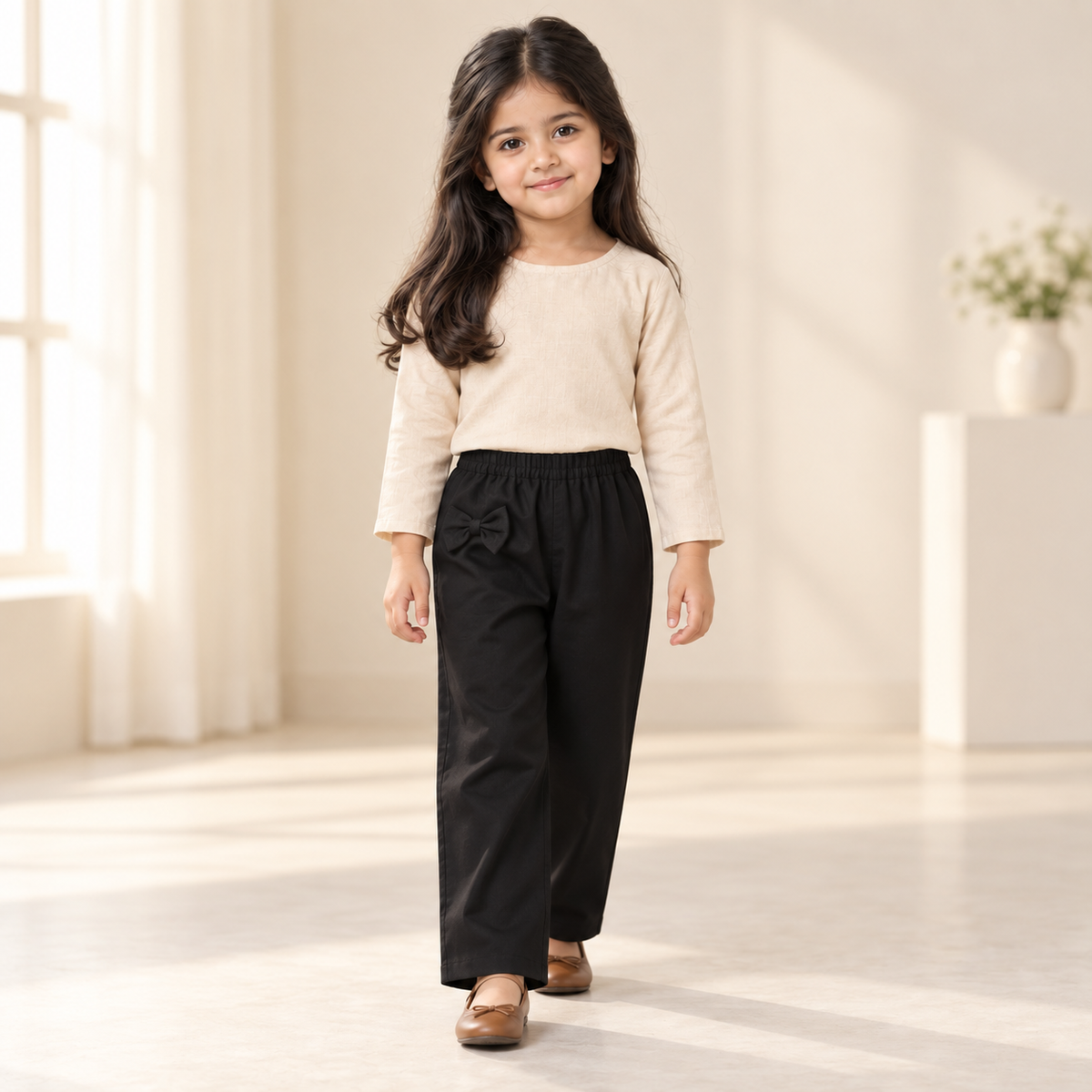 Girls Black Bow Trouser worn by an ELADENS Kids model