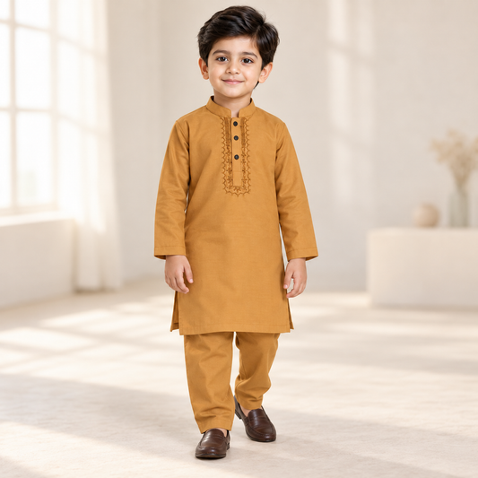 Boys Hand Embroidered Tarkashi Amber Kurta & Trouser Set worn by an ELADENS Kids model