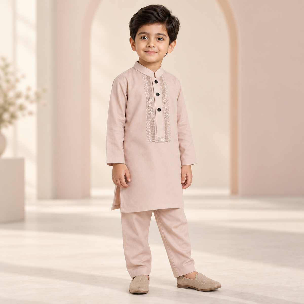 Boys Hand Embroidered Tarkashi Powder Pink Kurta & Trouser Set worn by an ELADENS Kids model