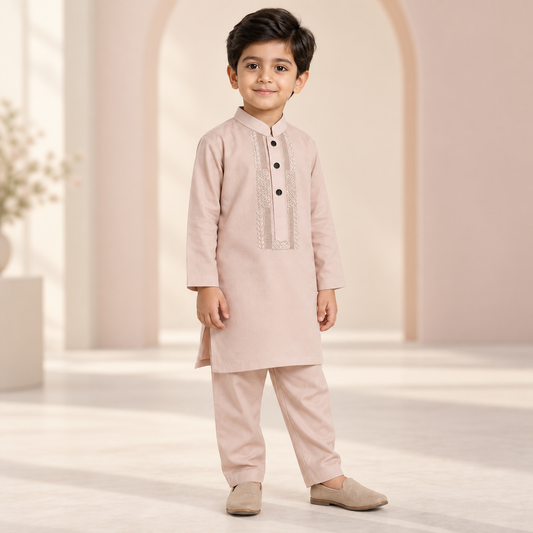Boys Hand Embroidered Tarkashi Powder Pink Kurta & Trouser Set worn by an ELADENS Kids model