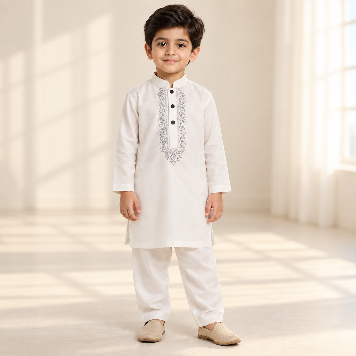 Boys Hand Embroidered White Kurta & Trouser Set worn by an ELADENS Kids model