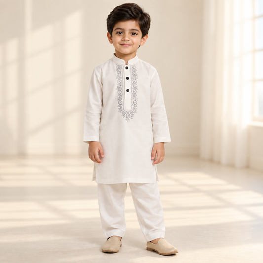 Boys Hand Embroidered White Kurta & Trouser Set worn by an ELADENS Kids model