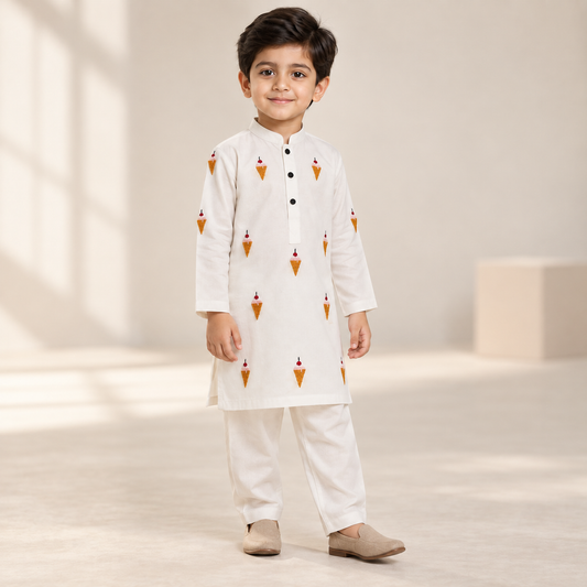 Boys Ice Cream Embroidered White Kurta & Trouser Set worn by an ELADENS Kids model