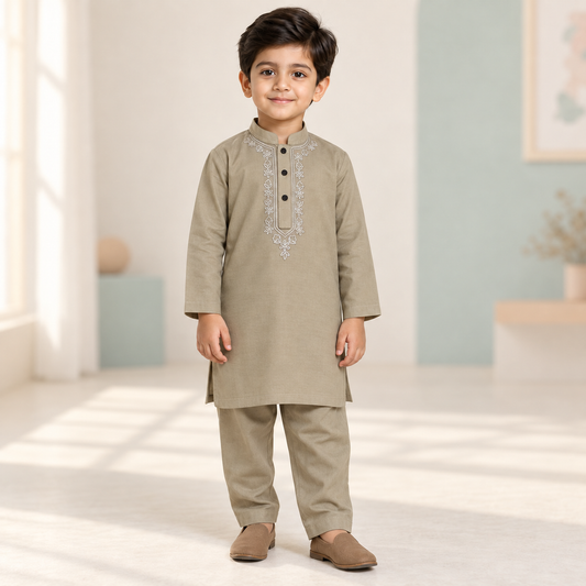 Boys Kacha Tanka Embroidered Moss Green Kurta & Trouser Set worn by an ELADENS Kids model
