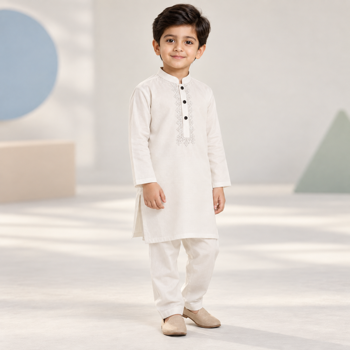 Boys Kacha Tanka Embroidered White Kurta & Trouser Set worn by an ELADENS Kids model