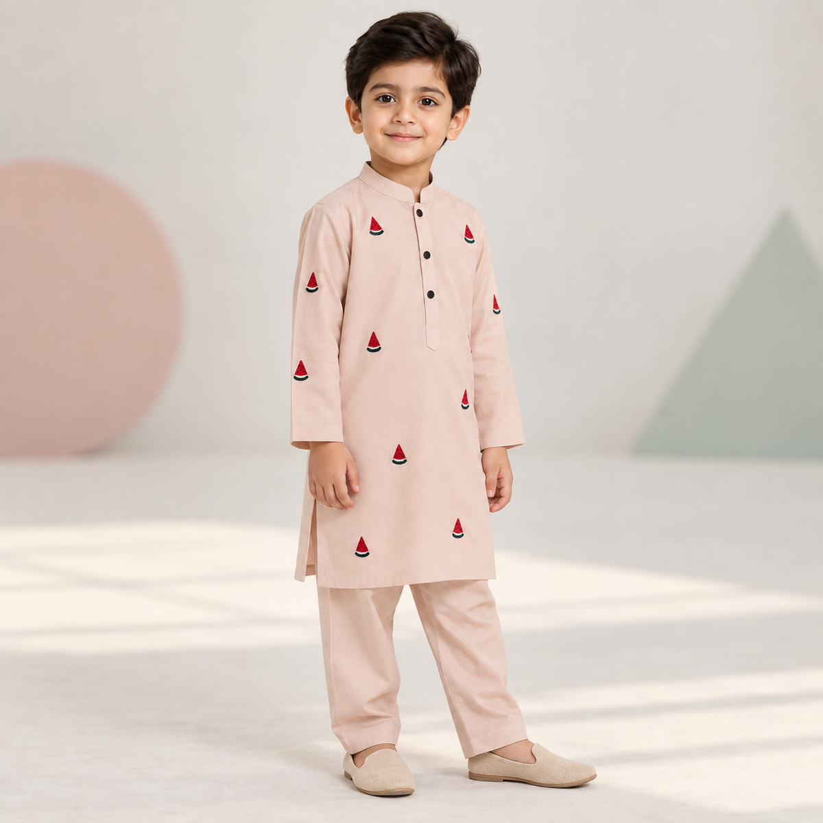 Boys Strawberry Embroidered Powder Pink Kurta & Trouser Set worn by an ELADENS Kids model
