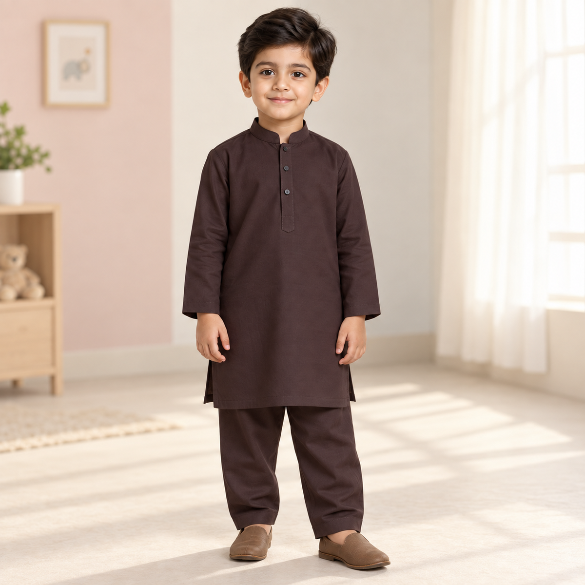 Boys Burgundy Kurta & Trouser Set worn by an ELADENS Kids model