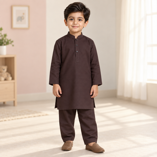 Boys Burgundy Kurta & Trouser Set worn by an ELADENS Kids model