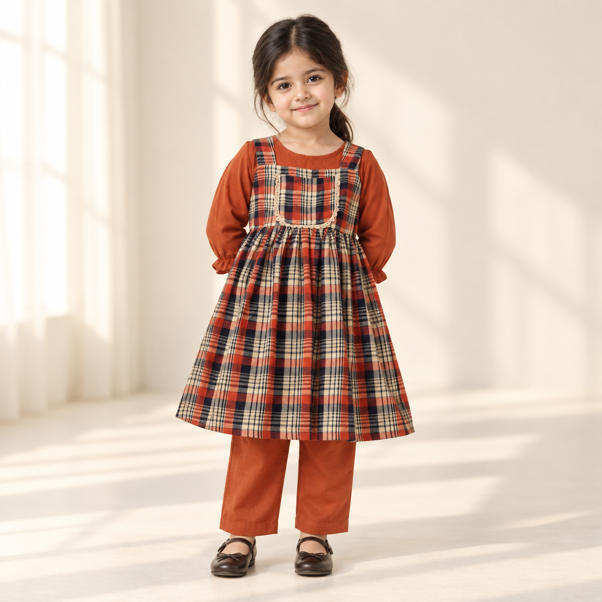 Girls Check Dress with Trouser worn by an ELADENS Kids model