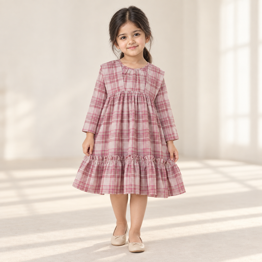 Girls Pink Check Dress worn by an ELADENS Kids model