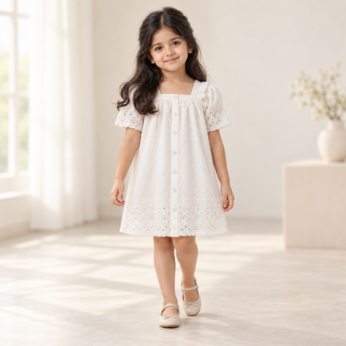 Girls White Chikankari Top worn by an ELADENS Kids model