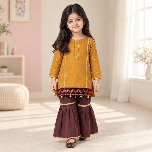 Girls Embellished Kameez with Gharara worn by an ELADENS Kids model