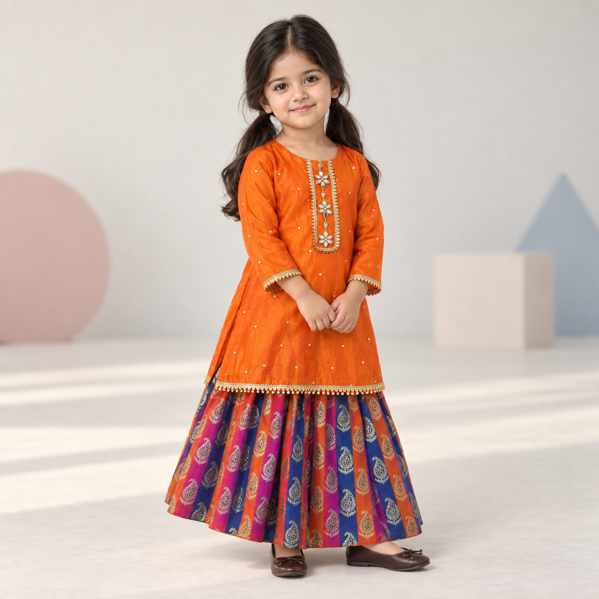 Girls Embellished Kameez with Lehnga worn by an ELADENS Kids model