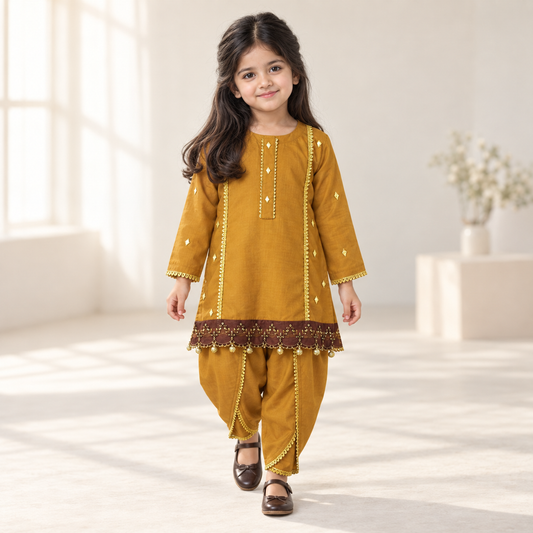 Girls Embellished Kameez with Tulip Shalwar worn by an ELADENS Kids model