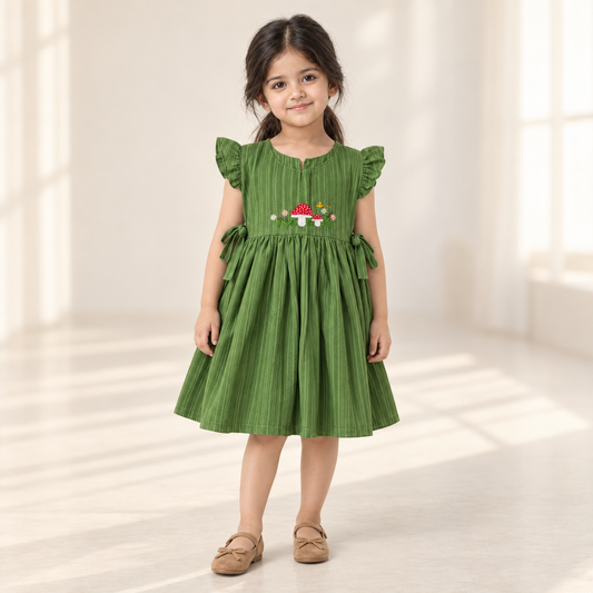 Girls Green Hand Embroidered Dress worn by an ELADENS Kids model