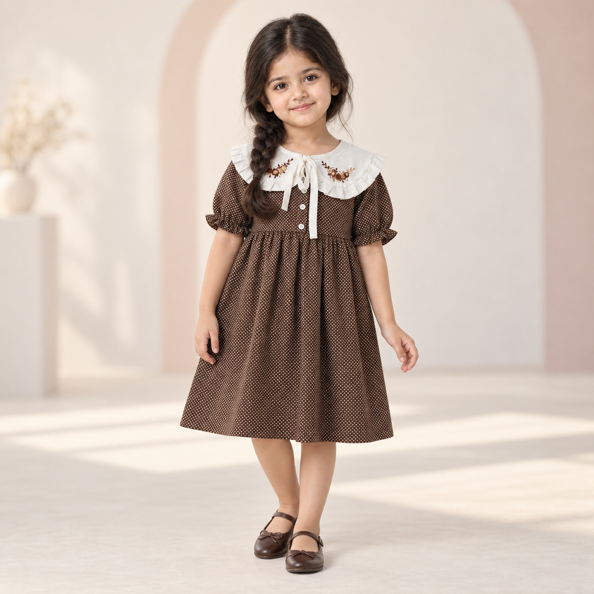 Girls Brown Hand Embroidered Polka Dot Dress worn by an ELADENS Kids model