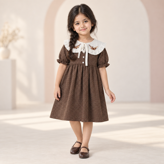 Girls Brown Hand Embroidered Polka Dot Dress worn by an ELADENS Kids model