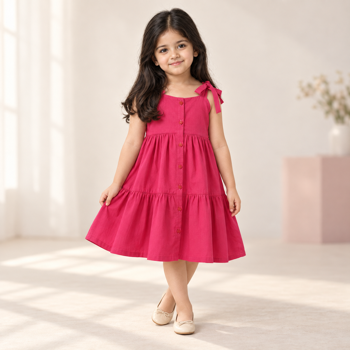 Girls Deep Pink Cotton Dress worn by an ELADENS Kids model