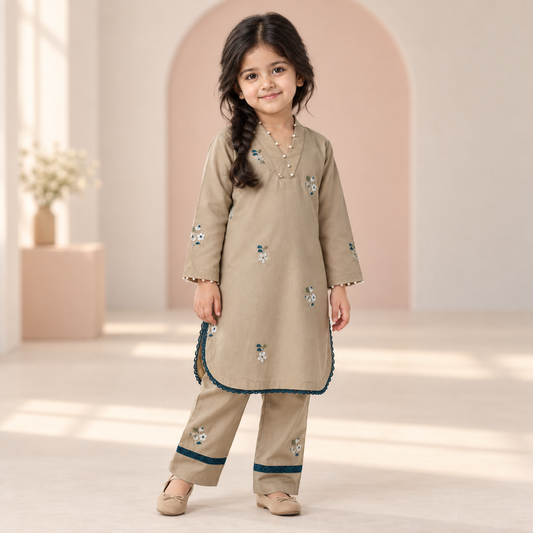 Girls Full Sleeves Khaki Embroidered Kameez Trouser Set worn by an ELADENS Kids model