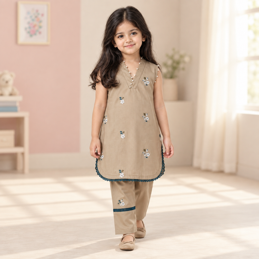Girls Khaki Embroidered Kameez Trouser Set worn by an ELADENS Kids model