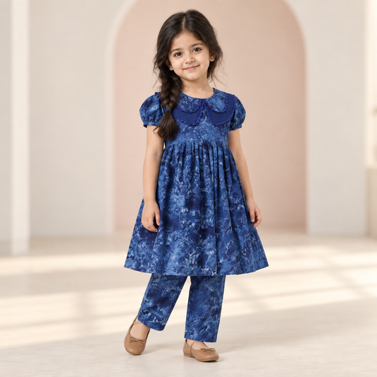 Girls Navy Printed Frock with Trouser worn by an ELADENS Kids model