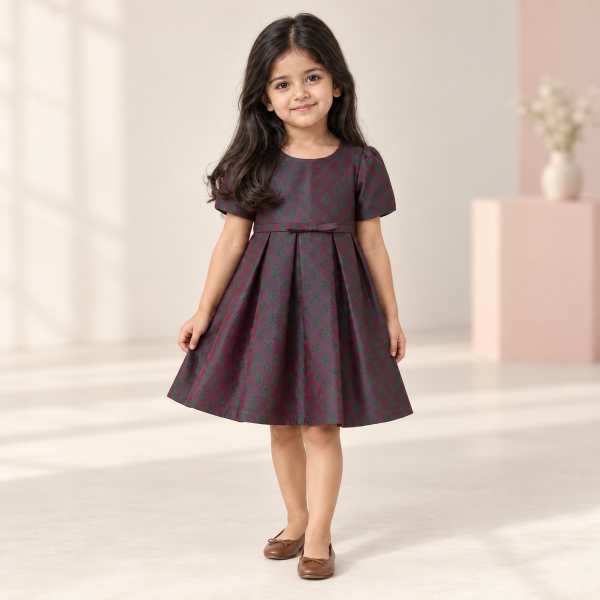 Girls Plum & Green Jacquard Dress worn by an ELADENS Kids model