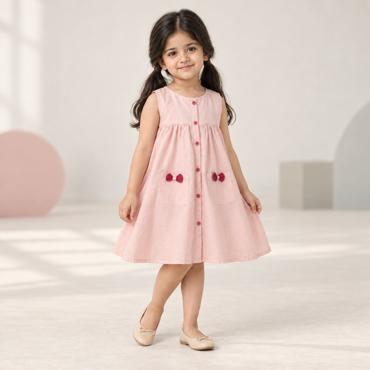 Girls Light Pink Bow Frock worn by an ELADENS Kids model