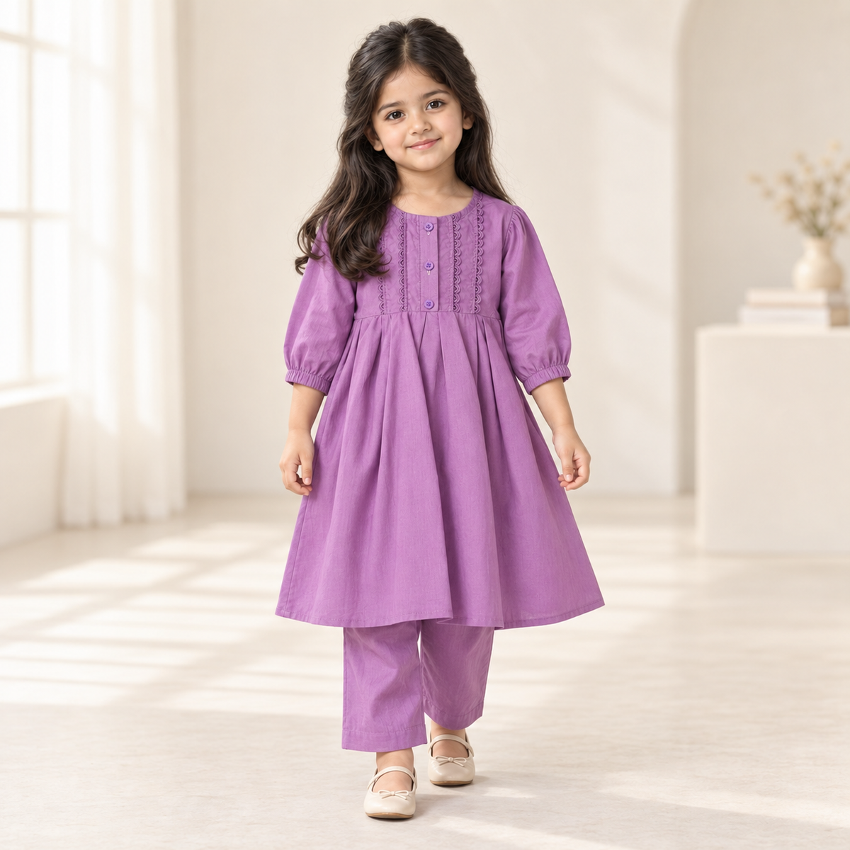 Girls Lilac Frock with Trouser worn by an ELADENS Kids model
