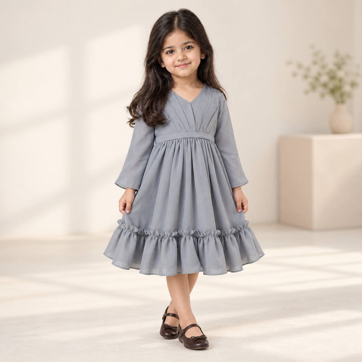 Girls Grey Long Dress worn by an ELADENS Kids model