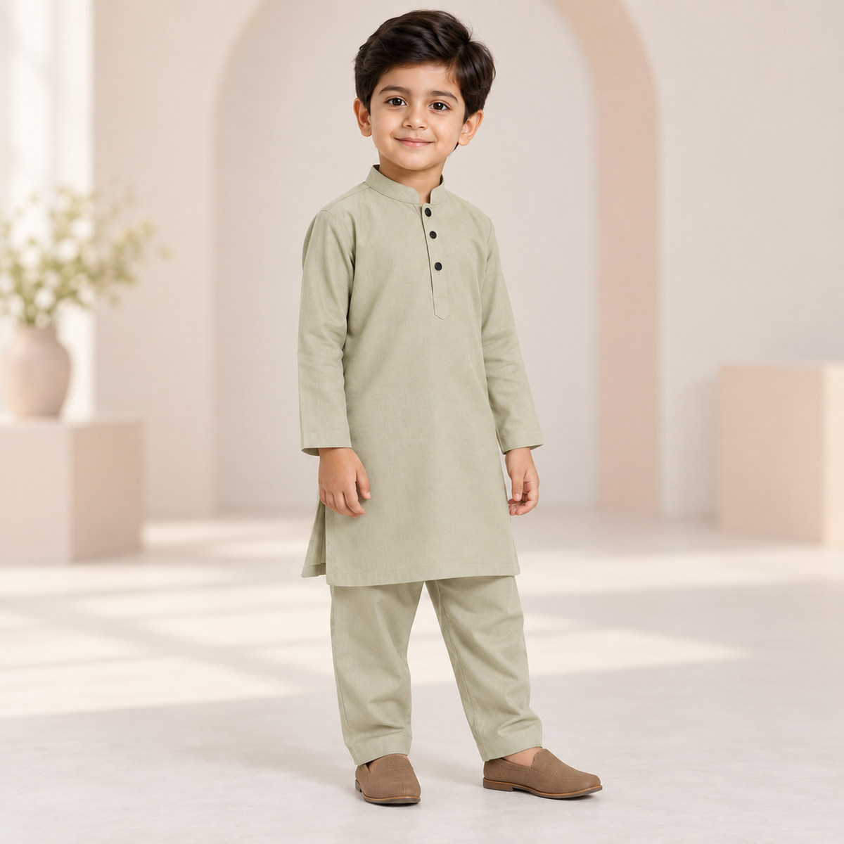 Boys Mint Green Kurta & Trouser Set worn by an ELADENS Kids model
