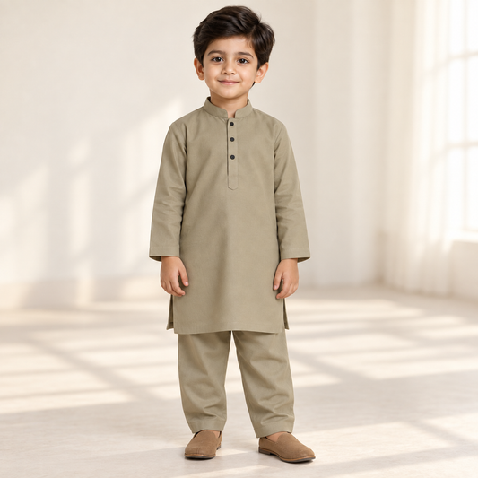 Boys Moss Green Kurta & Trouser Set worn by an ELADENS Kids model
