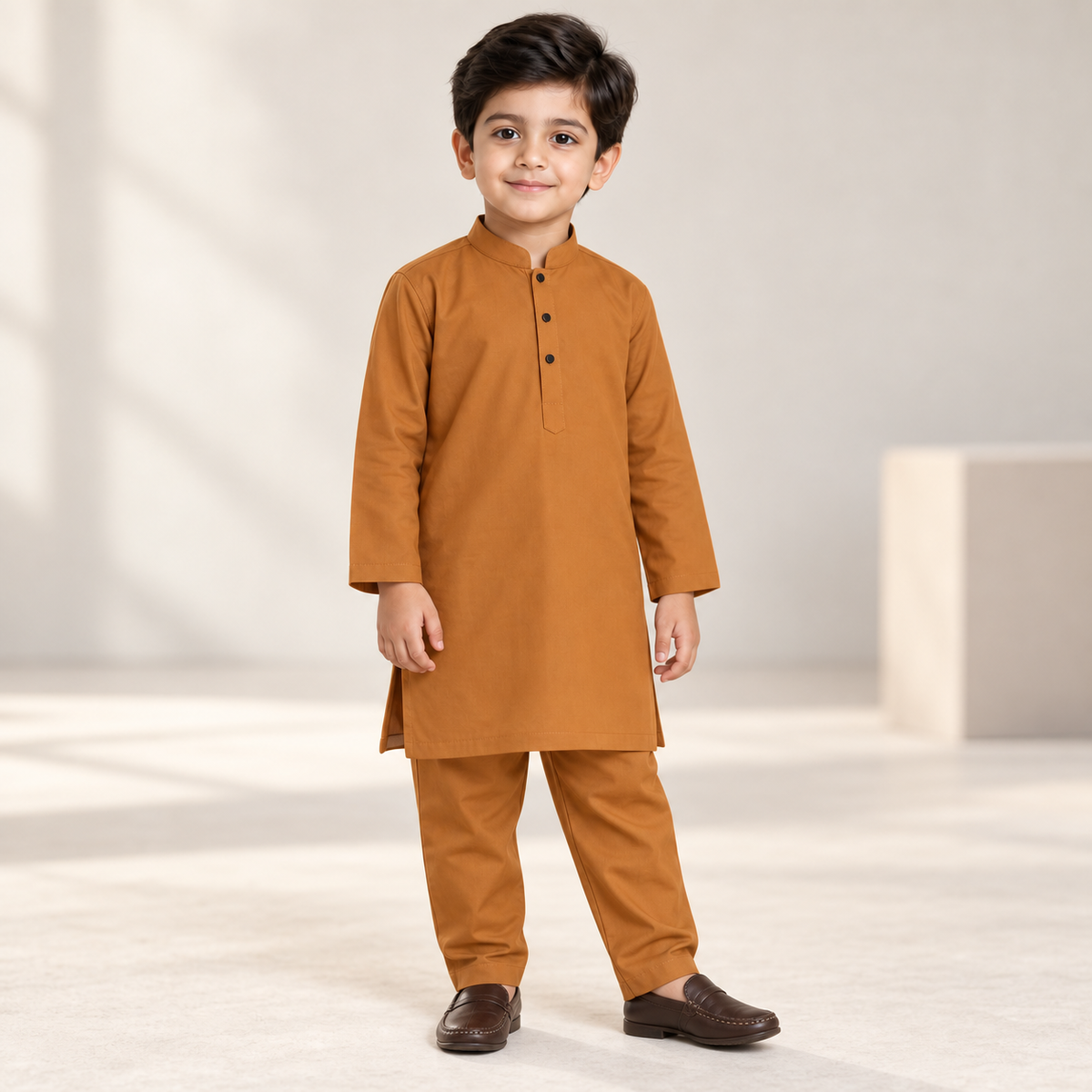Boys Mustard Kurta & Trouser Set worn by an ELADENS Kids model