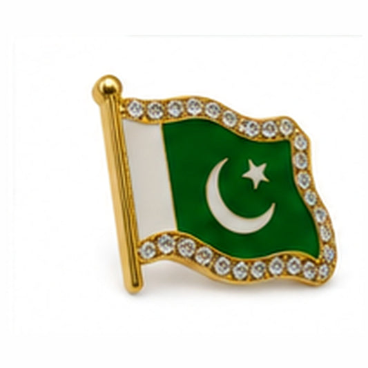 One single Pakistan flag metal badge with green enamel, white crescent and star, gold-tone outline and clear decorative stones