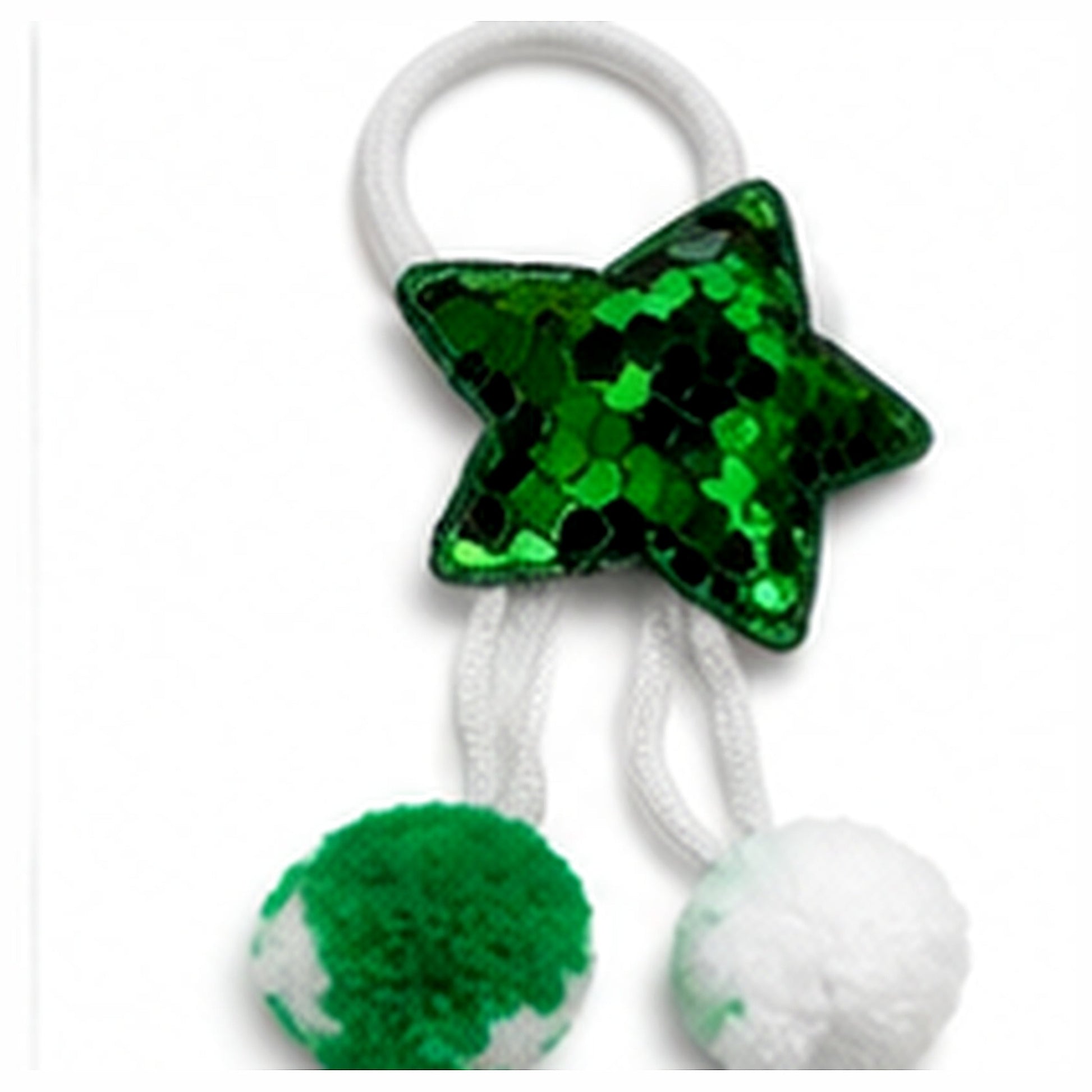 Pakistan green sequin star hair pony with white elastic and two green-and-white pom-poms on a clean white background