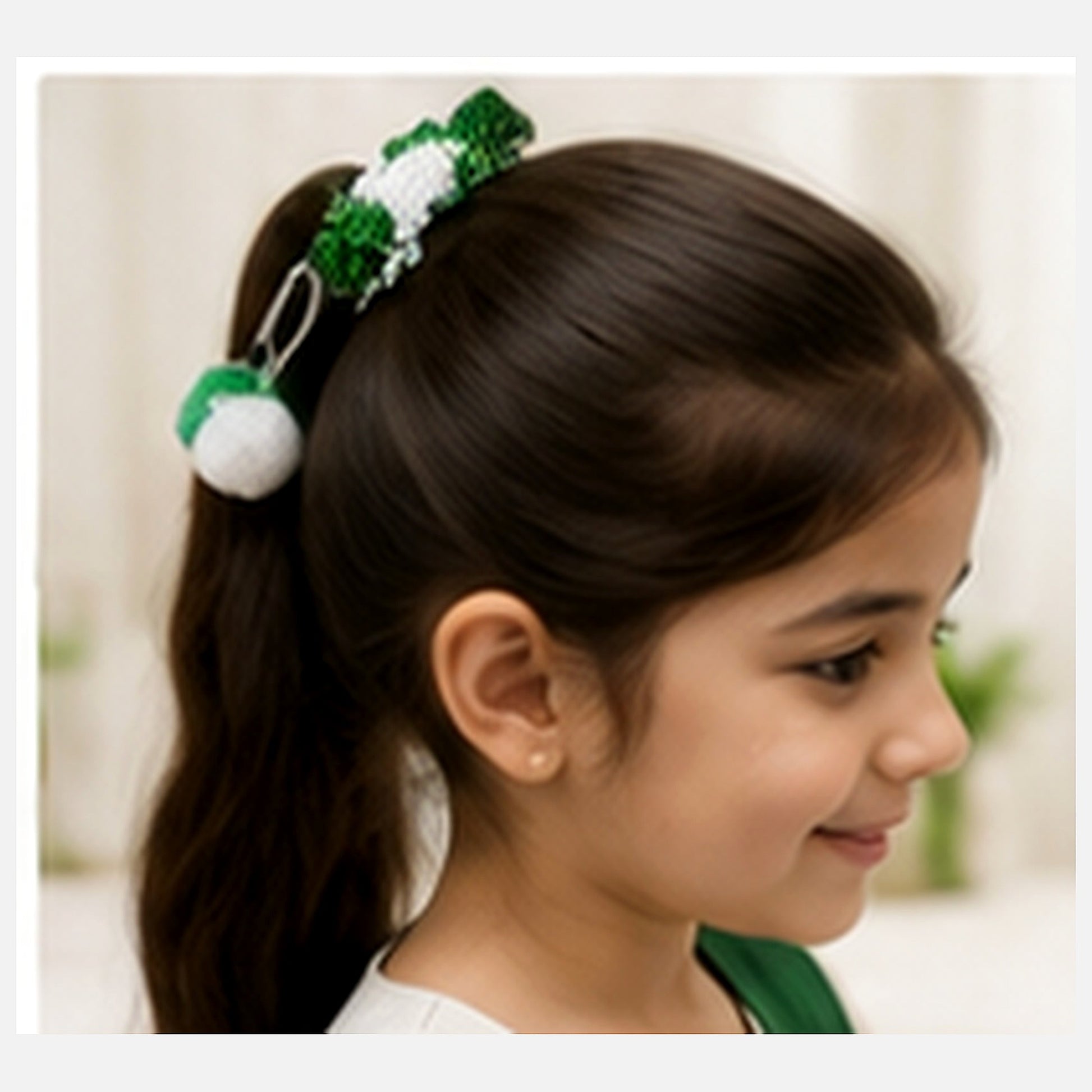 Fictional child wearing the Pakistan star sequin hair pony in a ponytail