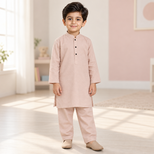 Boys Powder Pink Kurta & Trouser Set worn by an ELADENS Kids model